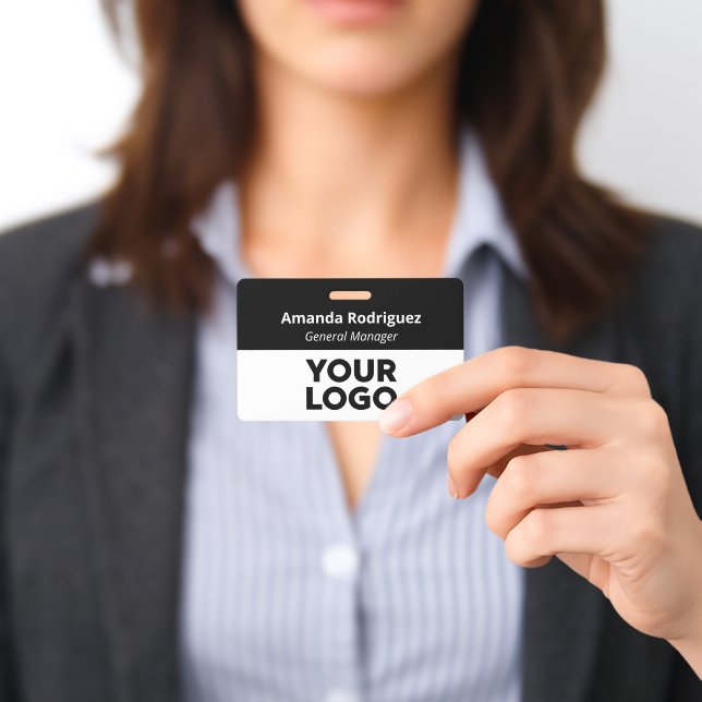 Custom Logo Employee Simple Black White Name Badge (Presented)
