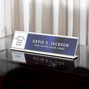 Custom Logo Executive Navy Blue Professional Desk Name Plate