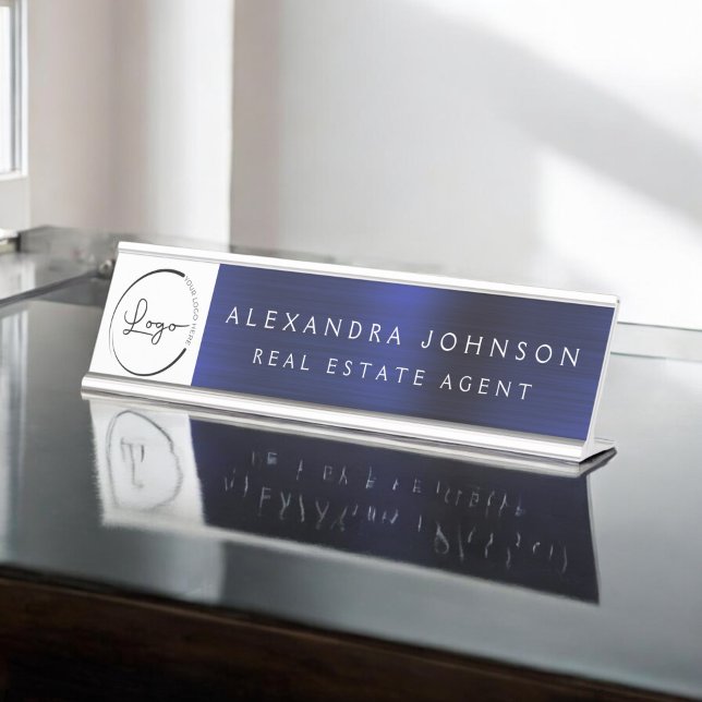 Custom Logo Executive Navy Blue Professional Desk Name Plate (Creator Uploaded)