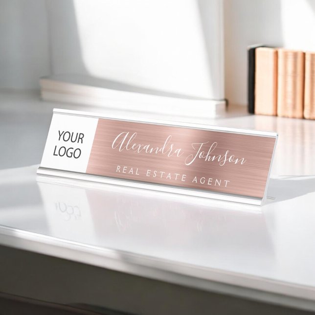 Custom Logo Executive Rose Gold Pink Professional Desk Name Plate (Creator Uploaded)
