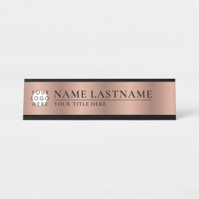 Custom Logo Faux Rose Gold Classy Elegant Desk Name Plate (Front)