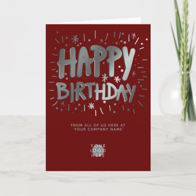 Custom Logo Faux Silver Fun Burgundy Birthday Card (Front)