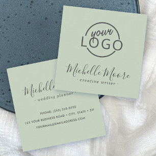 Custom logo feminine minimalist light sage green square business card