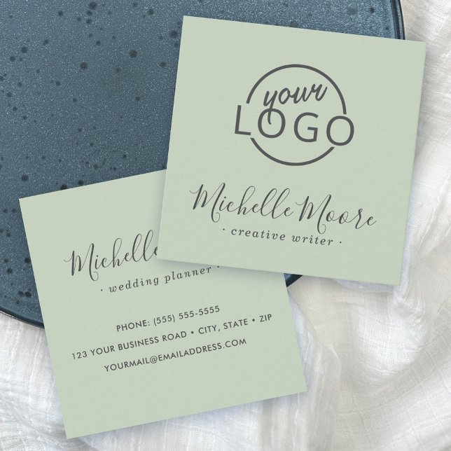 Custom logo feminine minimalist light sage green square business card (Creator Uploaded)