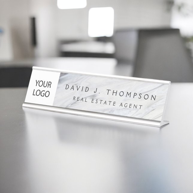 Custom Logo Grey White Marble Professional Desk Name Plate (Creator Uploaded)