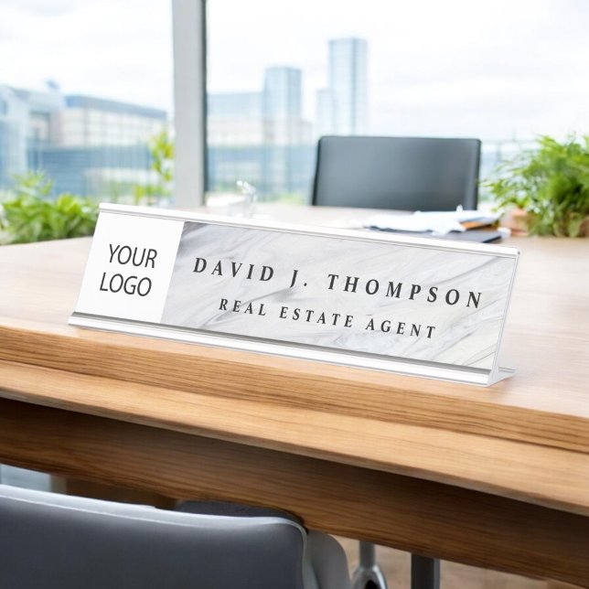 Custom Logo Grey White Marble Professional Desk Name Plate (Creator Uploaded)