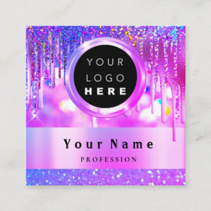 Custom Logo Holographic Pink Glitter Drips Square Business Card
