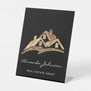 Custom Logo House Real Estate Agent Gold Black Squ Pedestal Sign