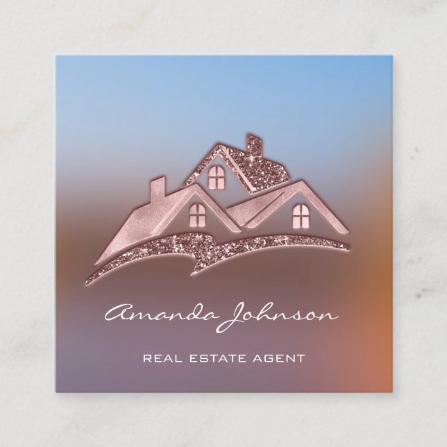 Custom Logo House Real Estate Agent Home Rose Square Business Card (Front)