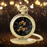 Custom logo image business black background gold pocket watch<br><div class="desc">Add your own business logo to this watch.   Black coloured background. Perfect for promoting your business and your brand.  Faux gold clock face numbers.</div>