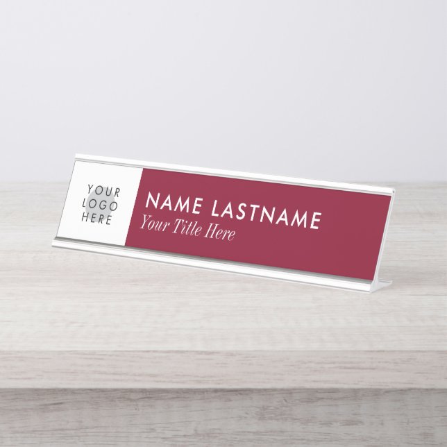 Custom Logo Minimalist Elegant Burgundy White Desk Name Plate (Front)