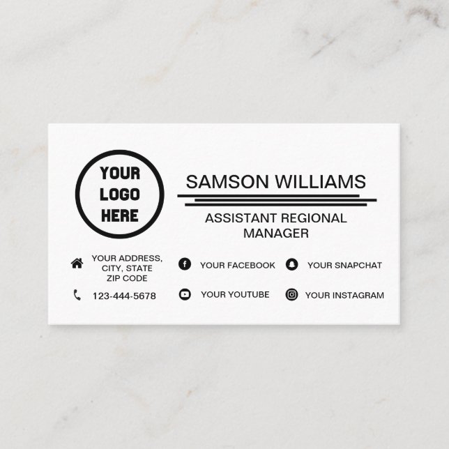 Custom Logo Minimalist Social Media Icons Business Card (Front)