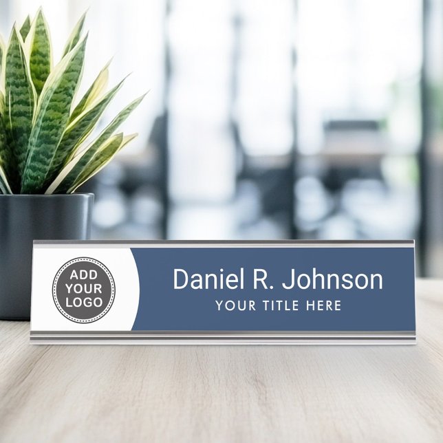 Custom logo modern dark blue and white desk name plate (Custom logo modern dark blue and white desk name plate)