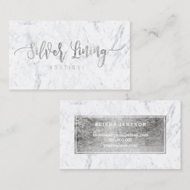 Custom logo modern faux silver typography marble business card (Front/Back)