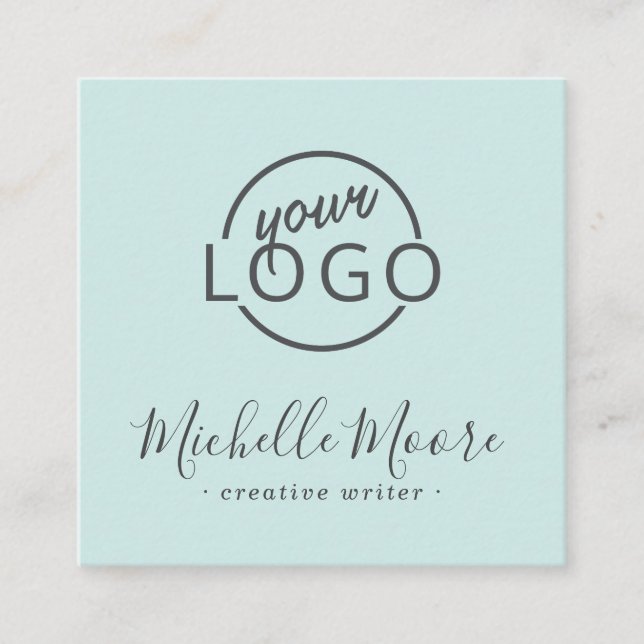 Custom logo modern feminine minimalist blue square square business card (Front)
