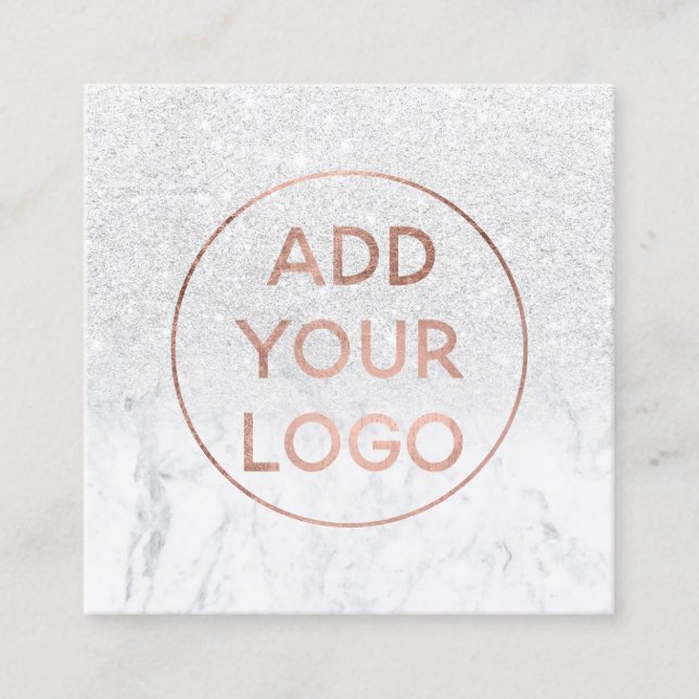 Custom logo modern rose gold glitter white marble square business card (Front)