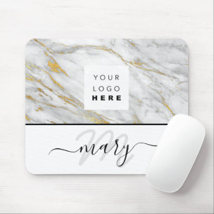 Custom  Logo Name Monogram Marble Gold Grey White Mouse Pad