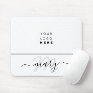Custom Logo Name Monogram Minimal Black White Mouse Pad