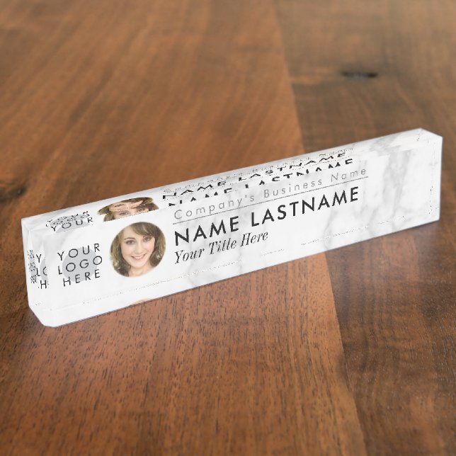 Custom Logo Photo Grey White Marble Professional Nameplate (Side)