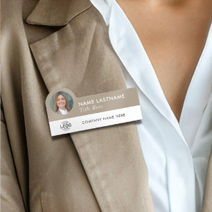 Custom Logo Photo Title Beige Tan White Employee Name Tag