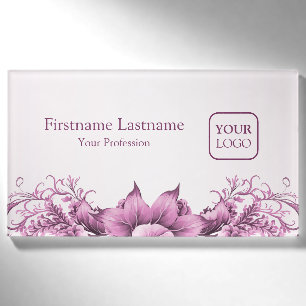 Custom Logo Pink Flowers Frame Elegant Modern Name Tag