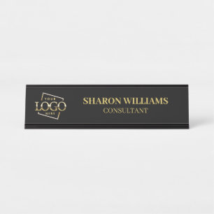 Custom Logo   Professional  Black Gold Minimalist Desk Name Plate