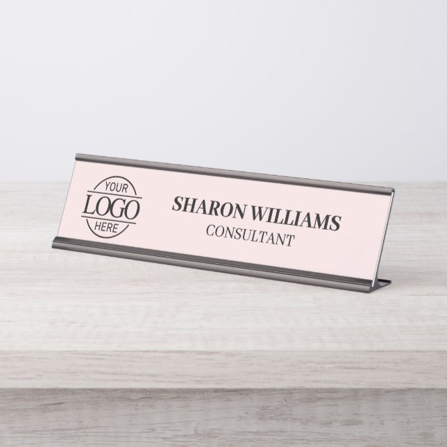 Custom Logo | Professional Elegant Blush Pink Desk Name Plate (Front)