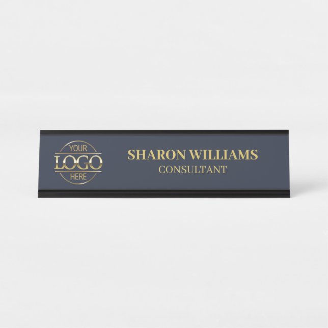 Custom Logo | Professional  Navy Blue Minimalist Desk Name Plate (Front)