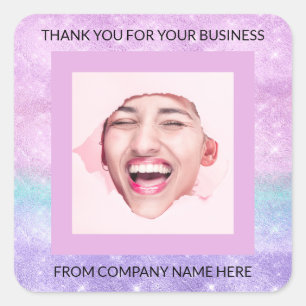 Custom Logo Purple Pink QRCode Name Thank Photo  Square Sticker