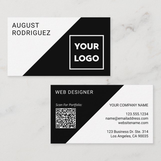 Custom Logo QR Code Black White Geometric Business Card (Front/Back)