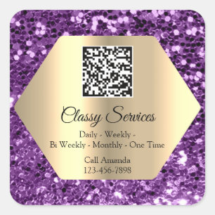 Custom Logo QR Code Gold Frame Name Purple Square Sticker