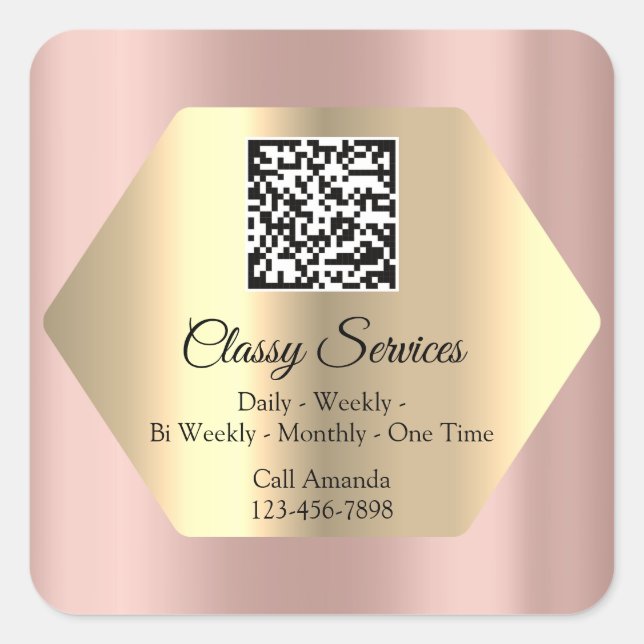 Custom Logo QR Code Gold Frame Name Rose Square Sticker (Front)