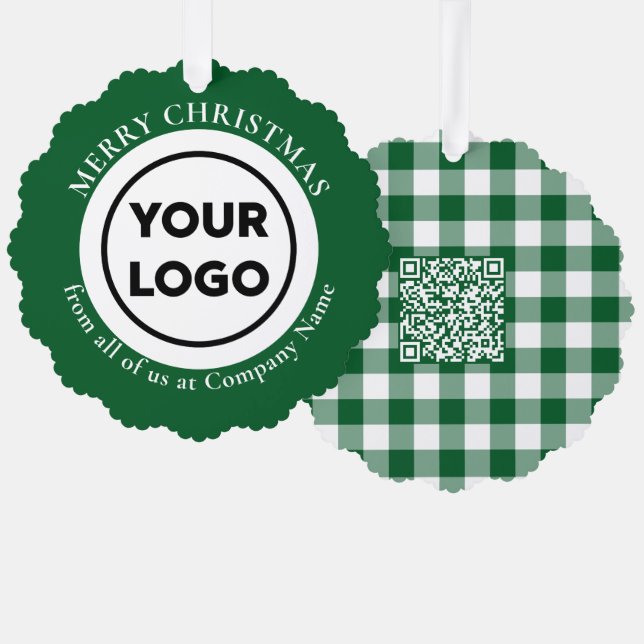 Custom Logo QR Code Green White Gingham Christmas Ornament Card (Front/Back)