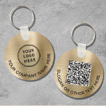 Custom Logo QR Code Promotional Gold Keychain<br><div class="desc">Simple modern promotional keychain for your company or organization with a brushed gold faux metallic background. Add your logo,  input your website's URL address to create a scannable QR code and add two lines of custom text,  such as your company name,  business slogan,  thank you,  etc.</div>