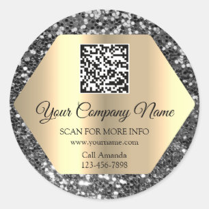 Custom Logo QR Code Promotional Grey Glitter Classic Round Sticker