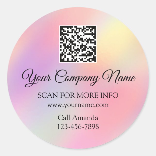 Custom Logo QR Code Promotional Holograph. Pink Classic Round Sticker (Front)