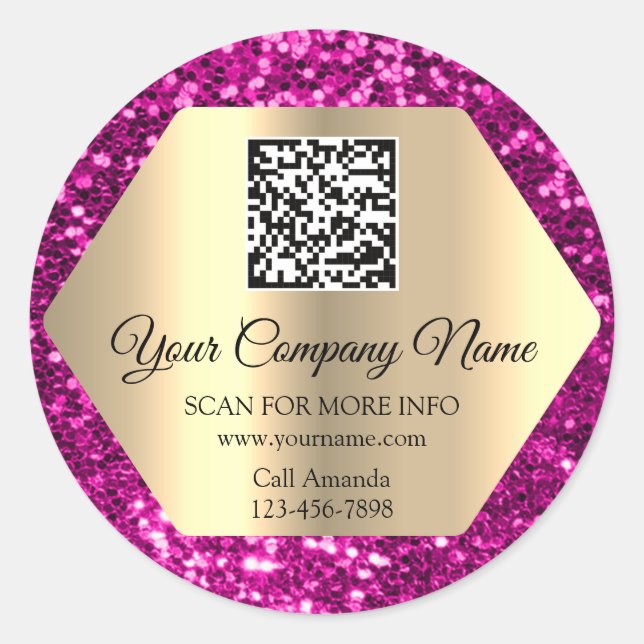 Custom Logo QR Code Promotional Insert Pink Glitte Classic Round Sticker (Front)