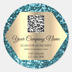 Custom Logo QR Code Promotional Teal Glitter Classic Round Sticker