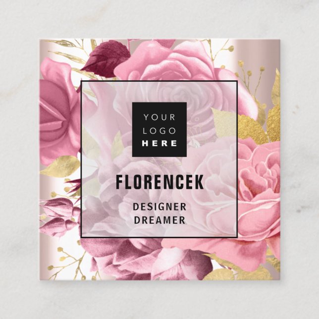 Custom Logo QR CODE Rose Gold Floral Beauty Square Business Card (Front)