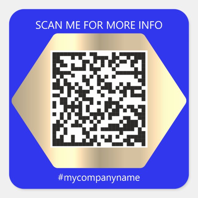 Custom Logo QR Code Scan Me Name Gold Blue Square Sticker (Front)