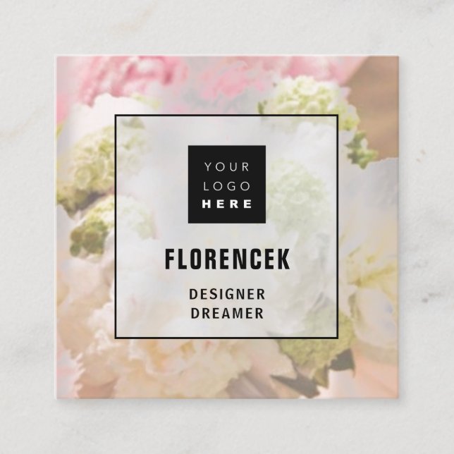 Custom Logo QR CODE Silver Floral Peach Frame Square Business Card (Front)