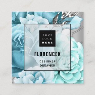 Custom Logo QR CODE Silver Grey Floral Aqua Blue Square Business Card