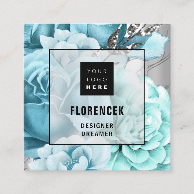 Custom Logo QR CODE Silver Grey Floral Aqua Blue  Square Business Card (Front)