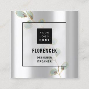 Custom Logo QR CODE Silver Grey Green Gold Leafs Square Business Card