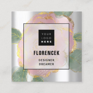 Custom Logo QR CODE Silver Grey Green Rose Leafs  Square Business Card