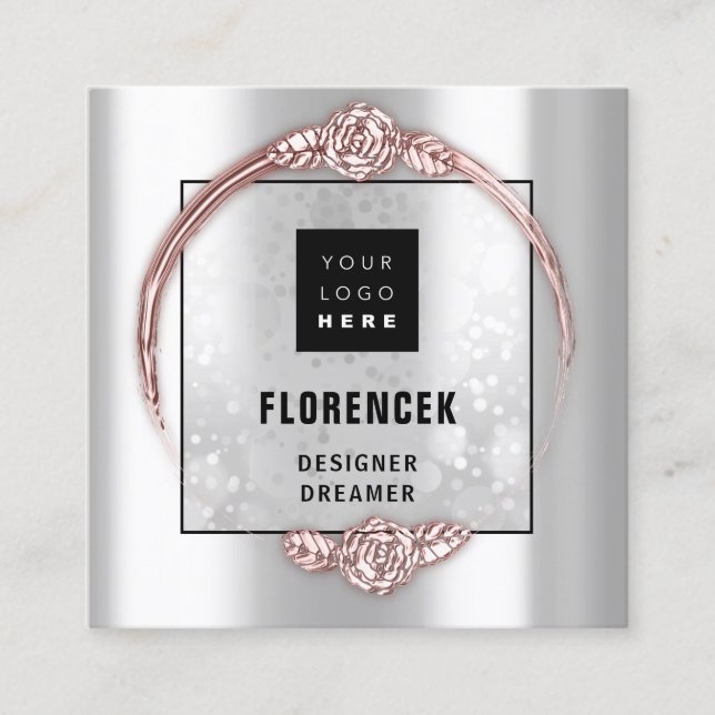 Custom Logo QR CODE Silver Grey Rose Frame Square Business Card (Front)