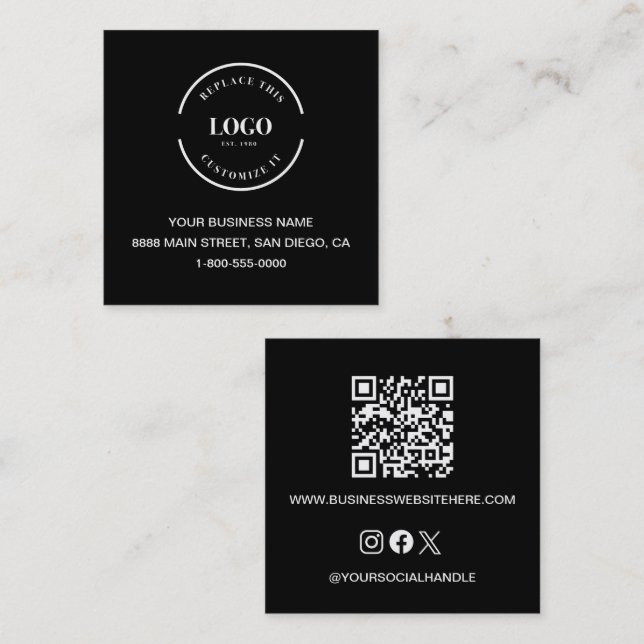 Custom Logo QR code Website Social icons black Square Business Card (Front/Back)