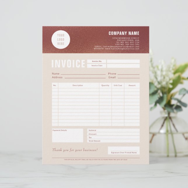 Custom Logo Rose Gold Foil Invoice Form Letterhead (Standing Front)