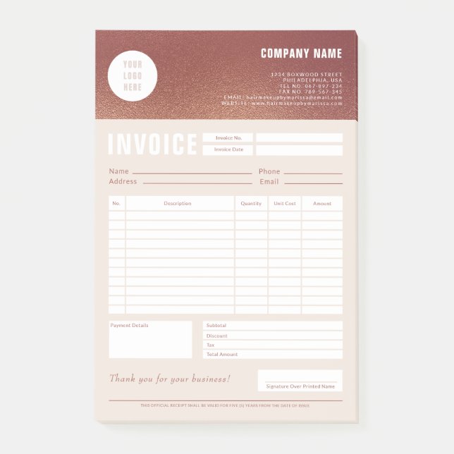Custom Logo Rose Gold Foil Invoice Form Post-it Notes (Front)