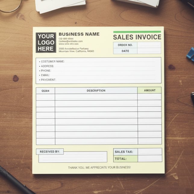 Custom Logo, Sales Invoice Receipt Small Business  Notepad (Sales Invoice Receipt | Company / Business Name)